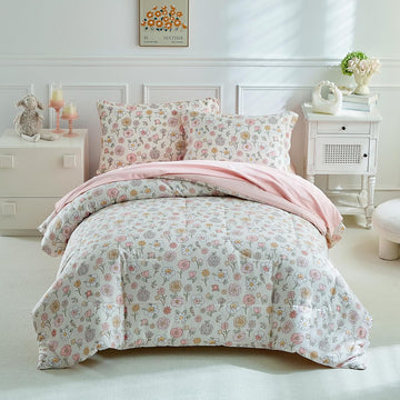 Floral Twin Comforter Set,5 Pieces Twin Bedding Set for Girls,Twin Bed in a Bag, All Season Kids Sheet Set with Comforter, Flat Sheet, Fitted Sheet, Pillowcase and Pillow Sham-Pink Floral