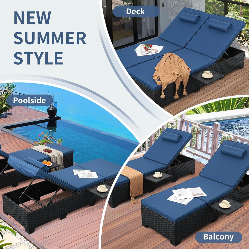 Outdoor Chaise Lounge Chairs for Outside Patio Furniture Set of 2 Wicker Recliner Black Rattan Sunbathing Lounger