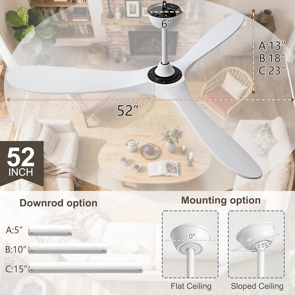 Inspired Maverick Style 52" White Ceiling Fans Without Lights, 52 Inch Outdoor Ceiling Fans no Lights, 3 Blade Solid Wood Waterproof Ceiling Fan with Remote Control for Indoor Outdoor Farmhouse/Patio Porch - White Blades