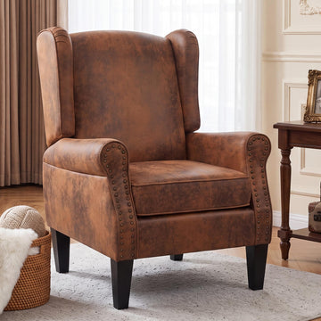 Wingback Accent Chair with Nailhead Trim, Mid Century Modern Armchair (Fabric-Vintage Brown, Set of 1)