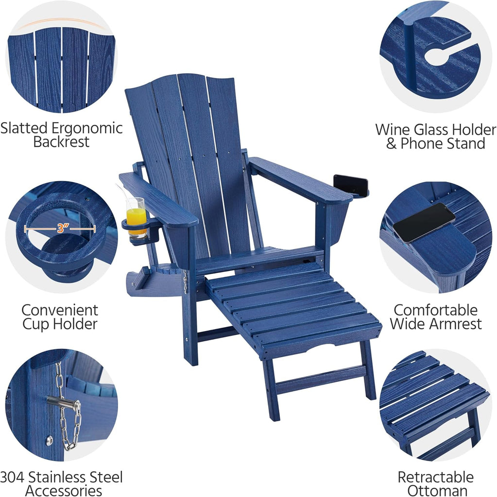 Adirondack Chairs 1pcs Outdoor Folding Set with Ottoman,Navy Blue | All-weather patio fire pit seating with