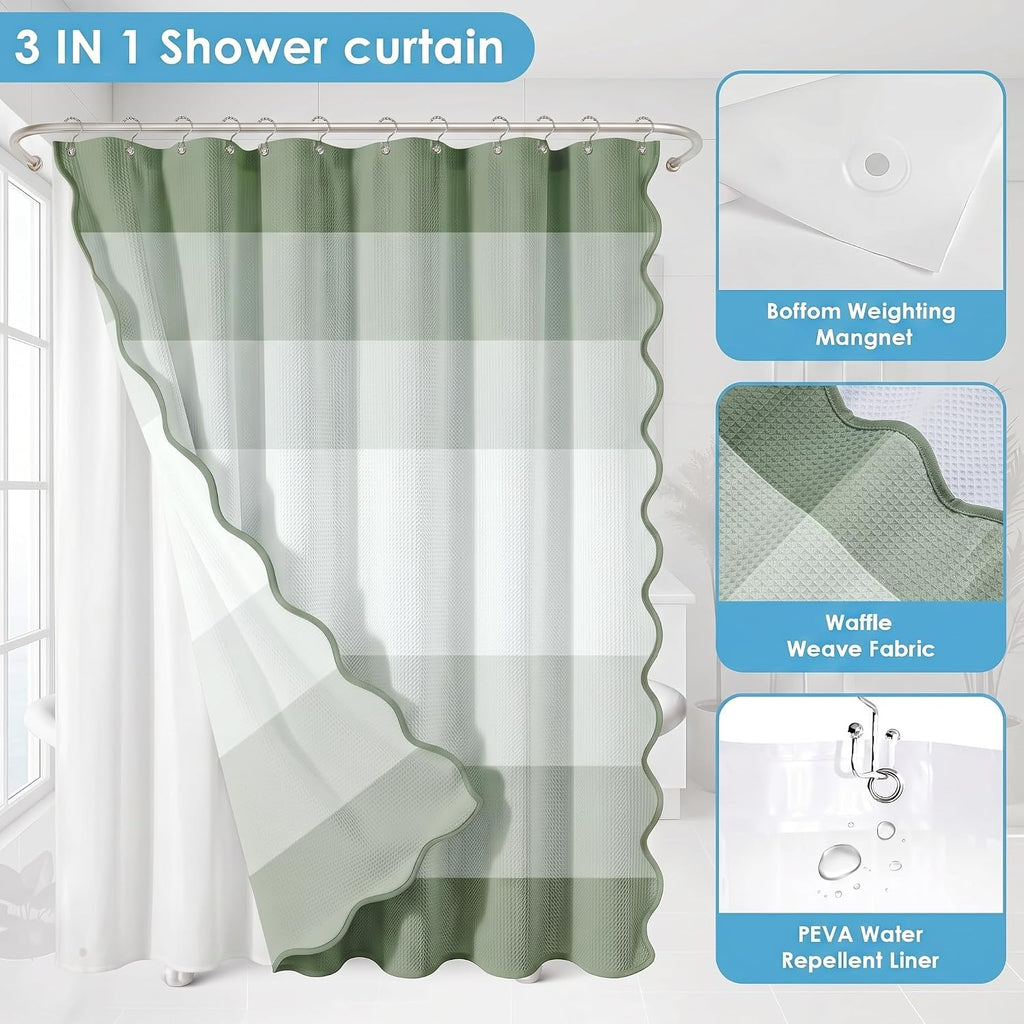 Scalloped Shower Curtain with PEVA Liner Set, Sage Green Striped Modern 3 in 1 Heavy Duty Waffle Weave Waterproof