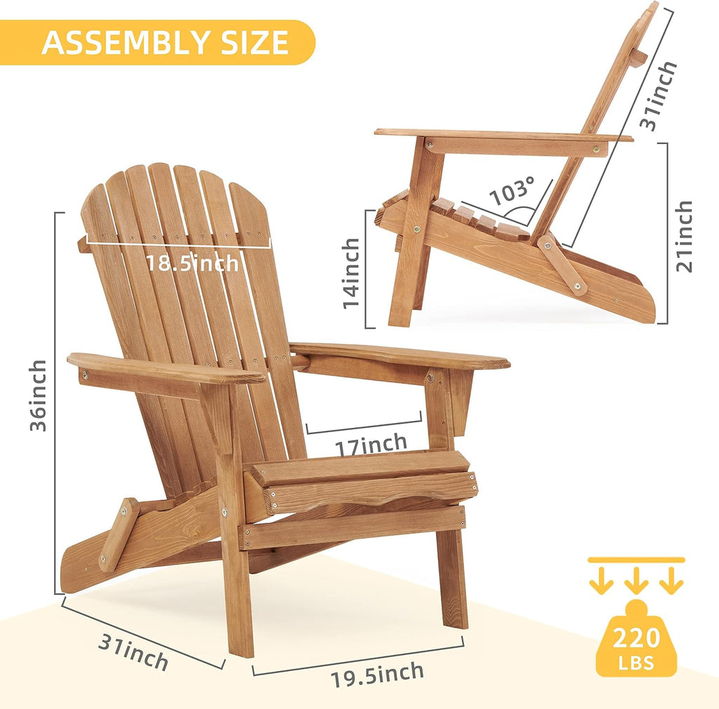 Adirondack Chair Set of 2, Folding Outdoor Wood Lounge Chairs for Garden Patio Backyard, Half Pre-Assembled Solid