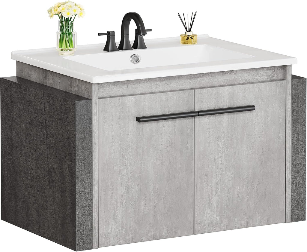 36" Modern Wall Mounted Bathroom Vanity with Sink - White & Gray Cabinet with 2 Soft-Close Doors