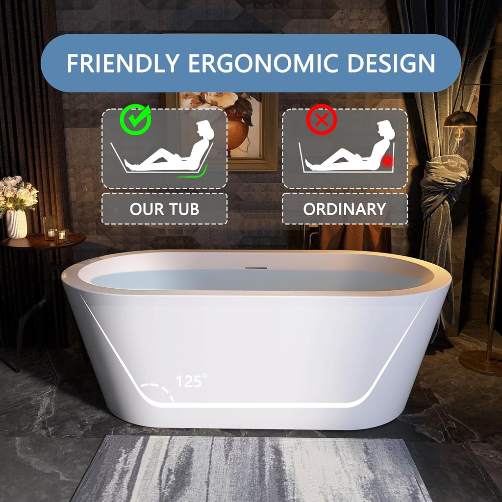 61 in. x 31 in.Classic Oval Acrylic Free Standing Tub, Heavy Duty Deep Soaking Tub, Bathroom Stand Alone Tub