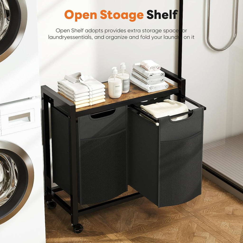 Laundry Hamper with 2 Pull-Out Removable Sorter Bags, Movable Wheels, Freestanding Clothes Basket Organizer , 2 x