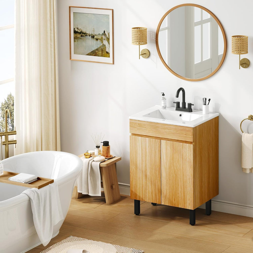 24-Inch Modern Bathroom Vanity with Undermount Ceramic Sink – Natural Brown Cabinet with Adjustable Legs, Soft-Close Double Doors & Drain