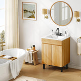 24-Inch Modern Bathroom Vanity with Undermount Ceramic Sink – Natural Brown Cabinet with Adjustable Legs, Soft-Close Double Doors & Drain