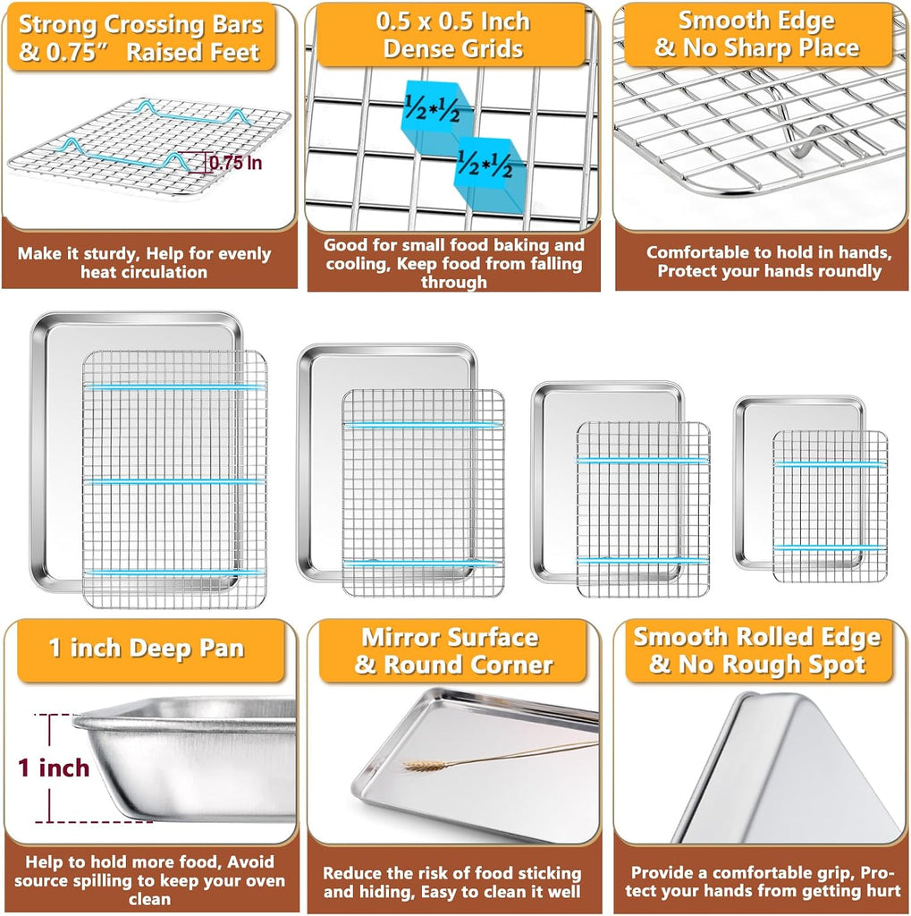 16 + 12.5 + 10.4 + 9 Inch Sheet & Rack, Pan and Grid Rack | 8 Pcs (4x Cookie Sheets + 4x Cooling Racks), 4 Sizes