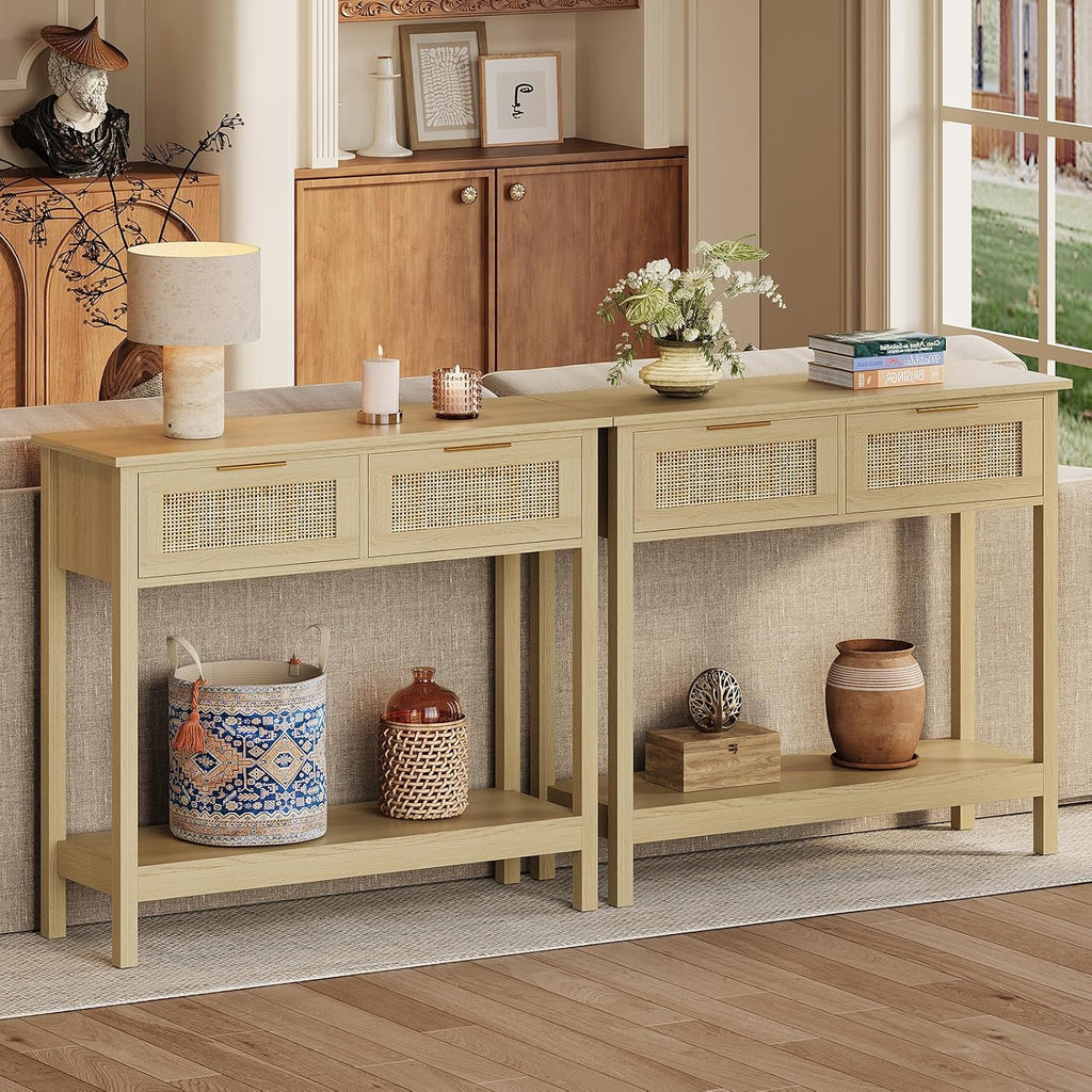 Farmhouse Rattan Console Table with 2 Drawers 2 Tier Boho Narrow Long Sofa Table Natural with Open Storage Shelf Wood