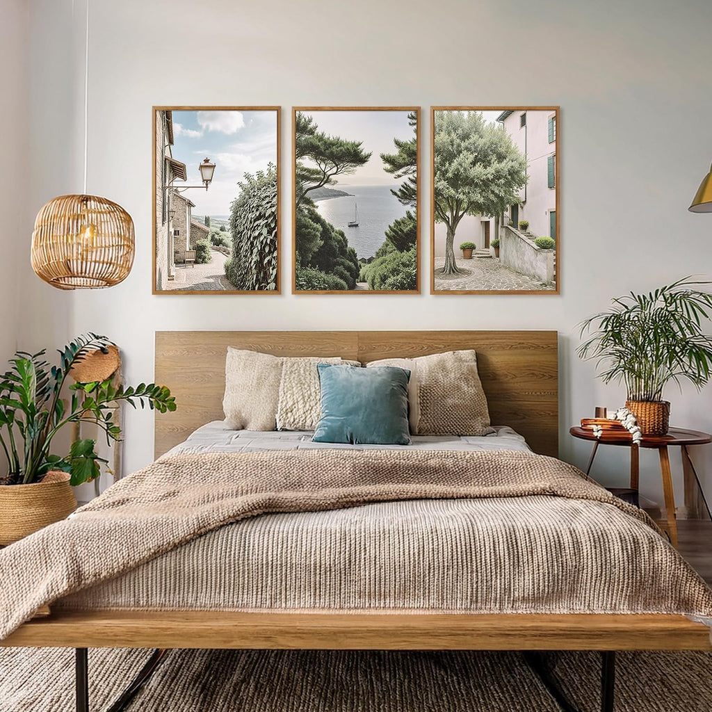Neutral Italy Cityscape Gallery Framed Wall Art(16"x24"), 3PCS Vintage Mediterranean Countryside Landscape Canvas