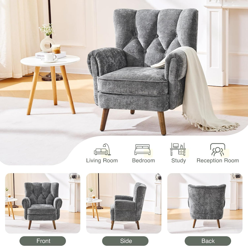 Wingback Accent Chairs , Mid-Century Modern Living Room Chairs, Wingback Reading Chair, Chenille Tufted Upholstered
