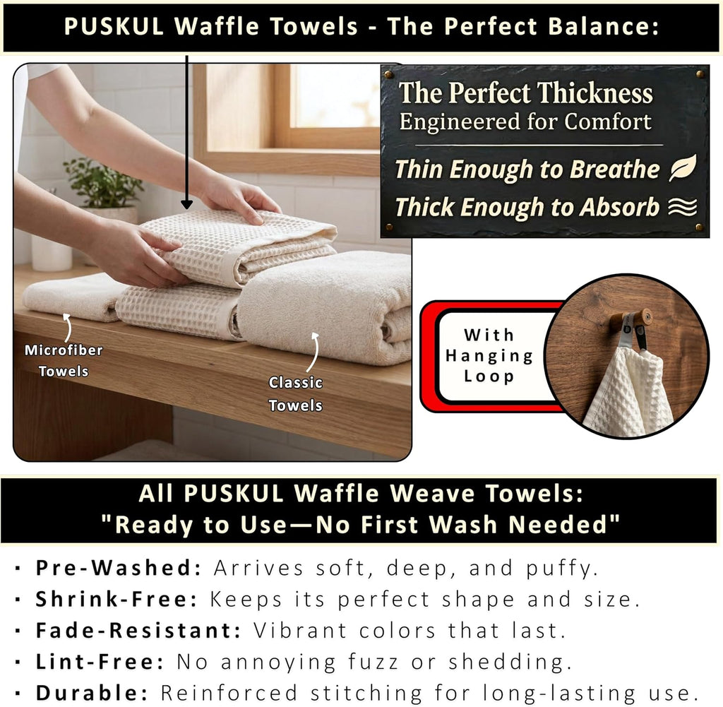 Natural 100% Turkish Cotton Waffle Towels Set (4-Piece) | Raw-Undyed, Large Size 2 Hand & 2 Bath Towel Quick-Dry Soft