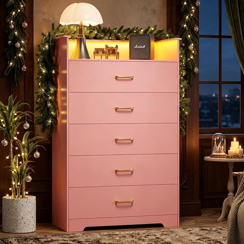 5 Drawer Dresser - 51" Tall Vertical Chest of Drawers with LED Light and Charging Station, Modern Organizer Cabinet