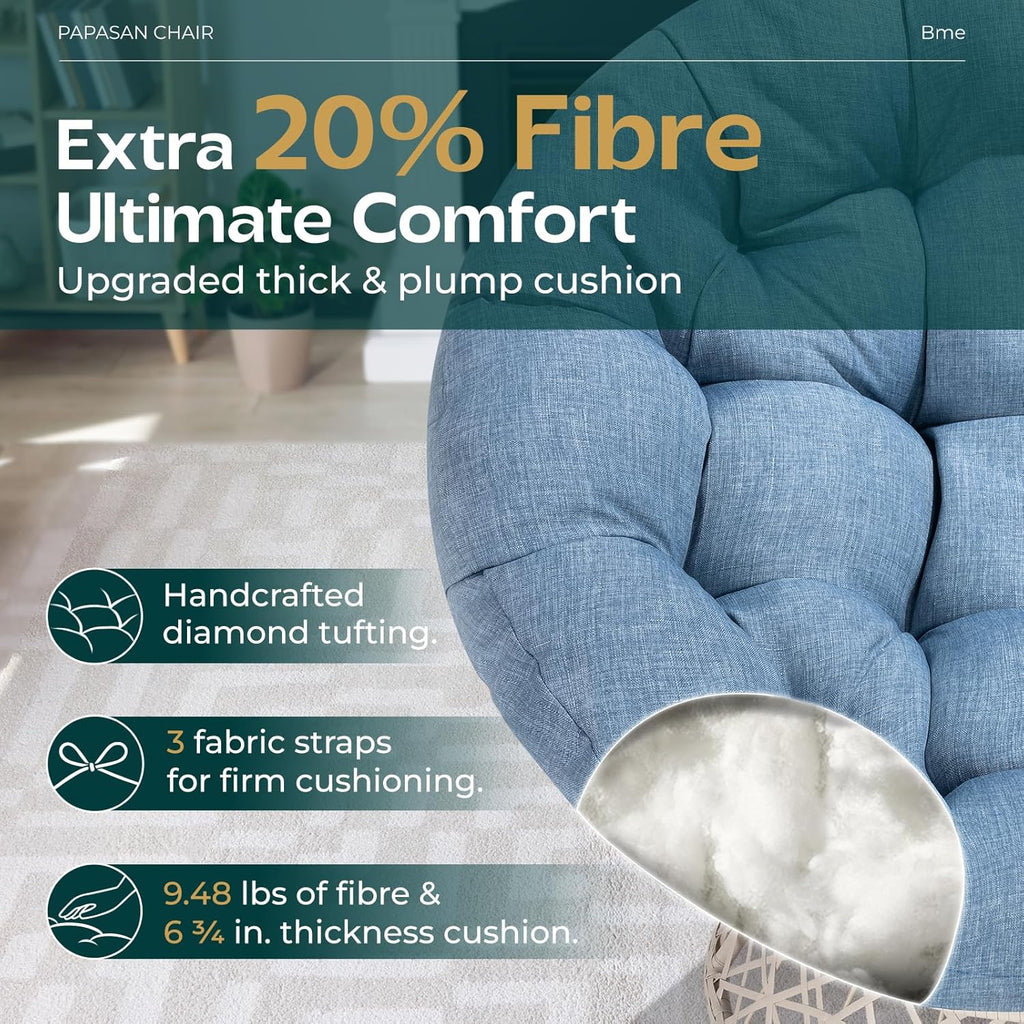 40" Ergonomic Wicker Papasan Chair with Soft Thick Density Fabric Cushion, High Capacity Steel Frame, 360 Degree