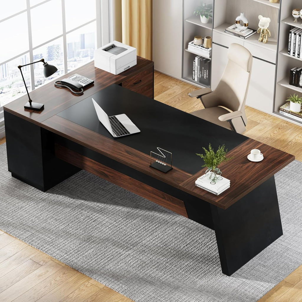 78" L-Shaped Executive Desk, Large Office Desk with Drawers and File Cabinet, Modern Business Furniture (Walnut & Black)