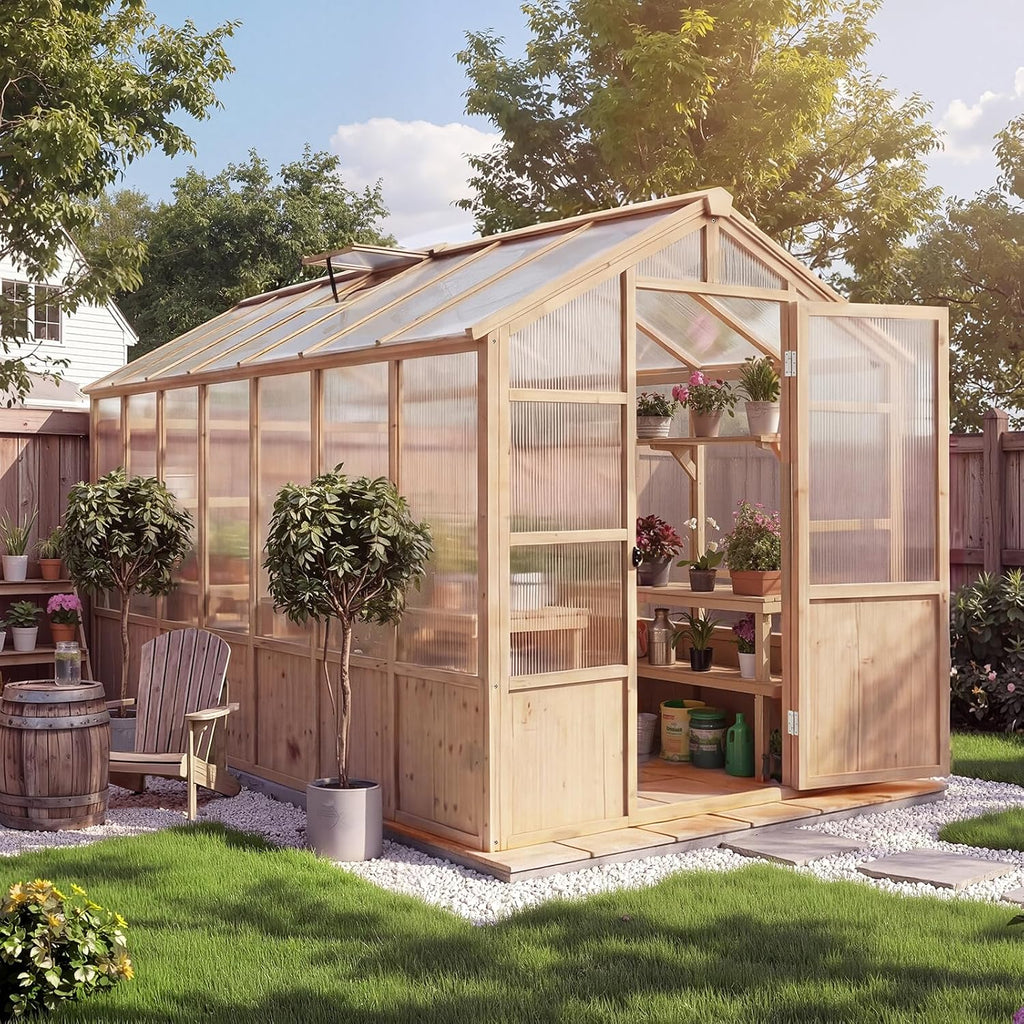 Heavy Duty Walk-in Wooden Greenhouse Kit, 4mm Polycarbonate Panels Green House with Adjustable Vents and Lockable
