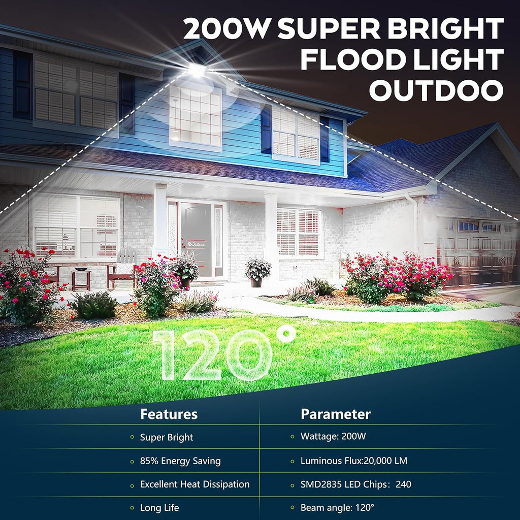 200W Led Flood Light Outdoor, 2 Pack 20000LM Bright Floodlight Outside Work Light with Plug, 6500-7000K Daylight