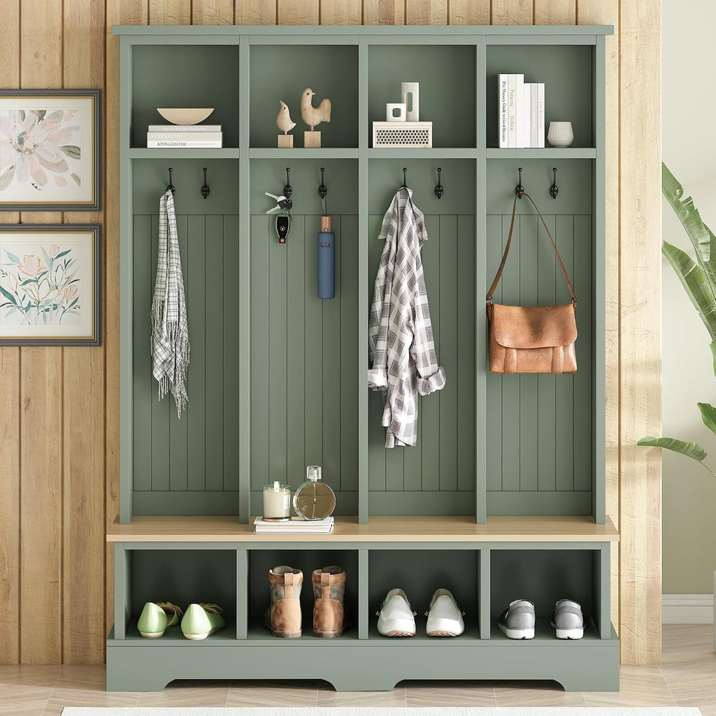 Farmhouse Hall Tree with Bench and Shoe Storage, 59" Entryway Bench with Coat Rack, 3-in-1 Hall Tree with Top