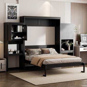 Murphy Bed Queen,Wood Storage Hide Cabinet Wall Beds with Desk and Vanity,Space-Saving Bedroom Furniture w/Cabinets &