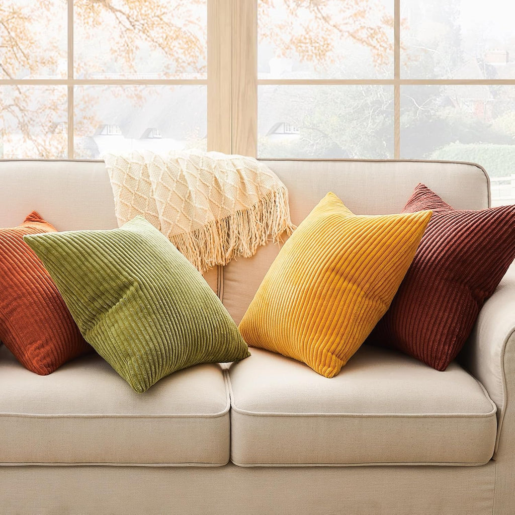 Fall Burnt Orange Decorative Throw Pillows Covers 18x18 Inch Set of 4,Yellow Green Gradient Series Corduroy Striped