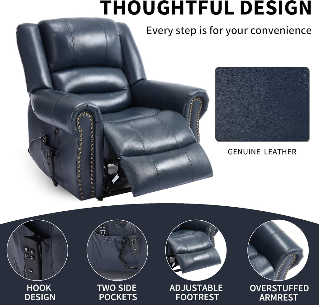 Genuine Leather Power Lift Recliner Chair, Lazy Boy Recliner Chair with Charging Ports for Living Room Theater Seating