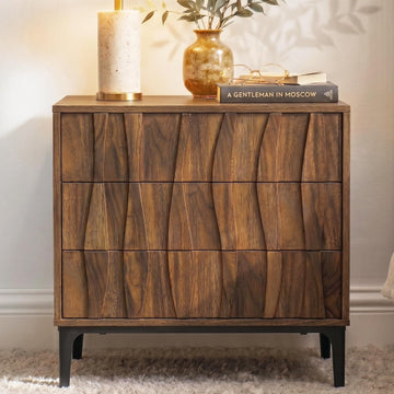 Mid-Century Modern Walnut Nightstand, Wide Bedside or Side Table with 3 Drawers, Sculpted 3D Wave Front, Push-to-Open