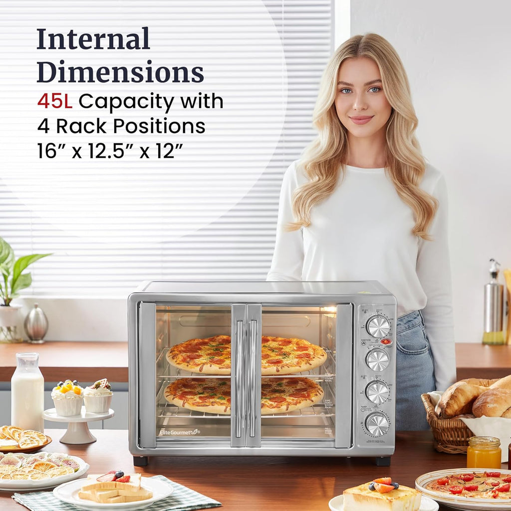 ETO-4510M French Door 47.5Qt, 18-Slice Convection Oven 4-Control Knobs, Bake Broil Toast Rotisserie Keep Warm