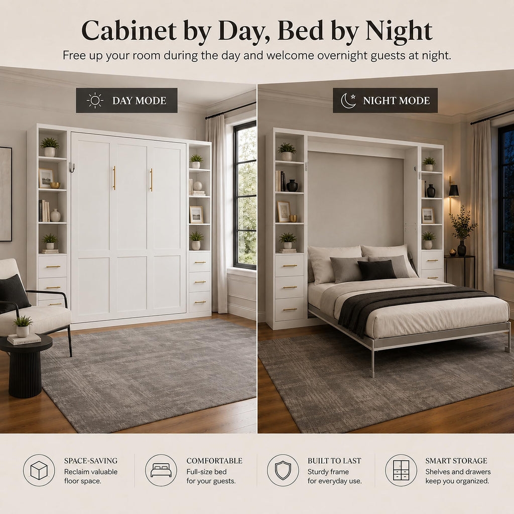 Queen Murphy Bed with Side Storage Cabinets, White Space-Saving Wall Bed