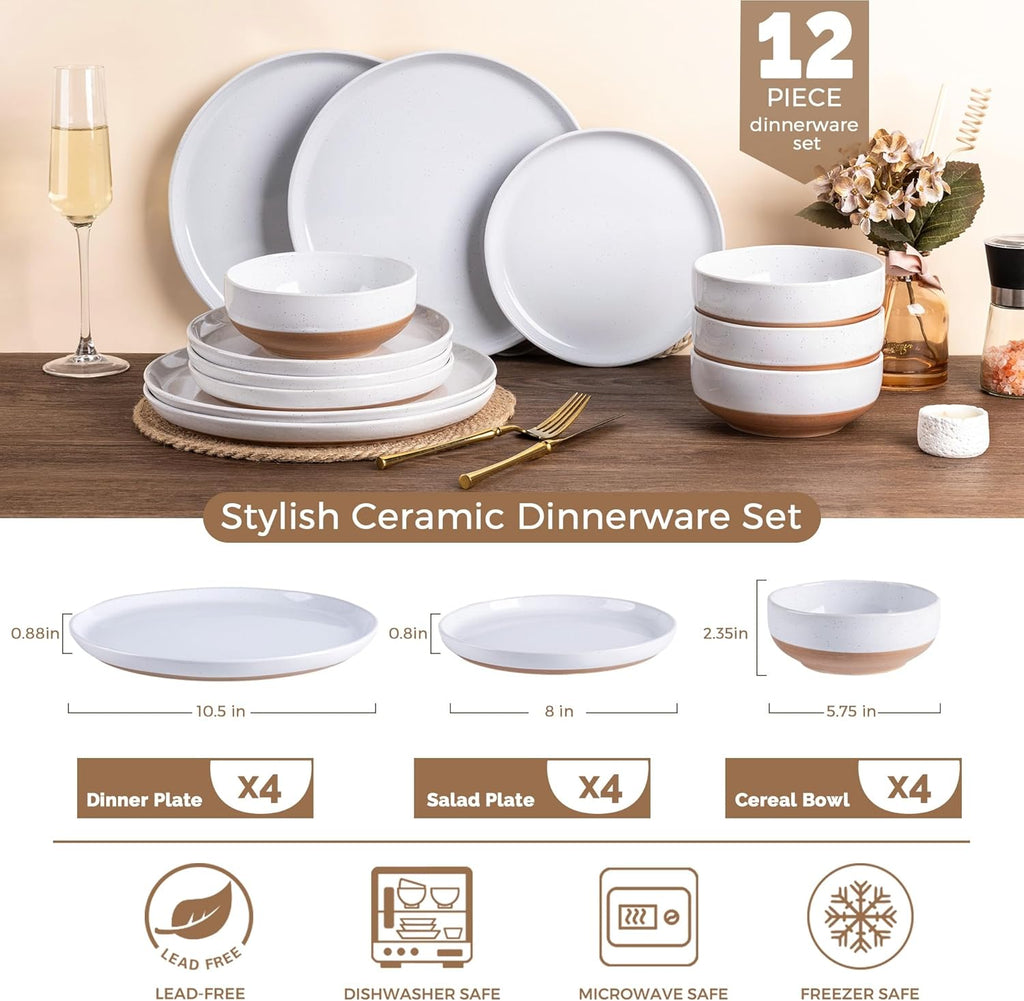 Ceramic Dinnerware Sets for 4, 12 Pieces Handpainted Plates and Bowls Set with Rustic Terracotta Underside