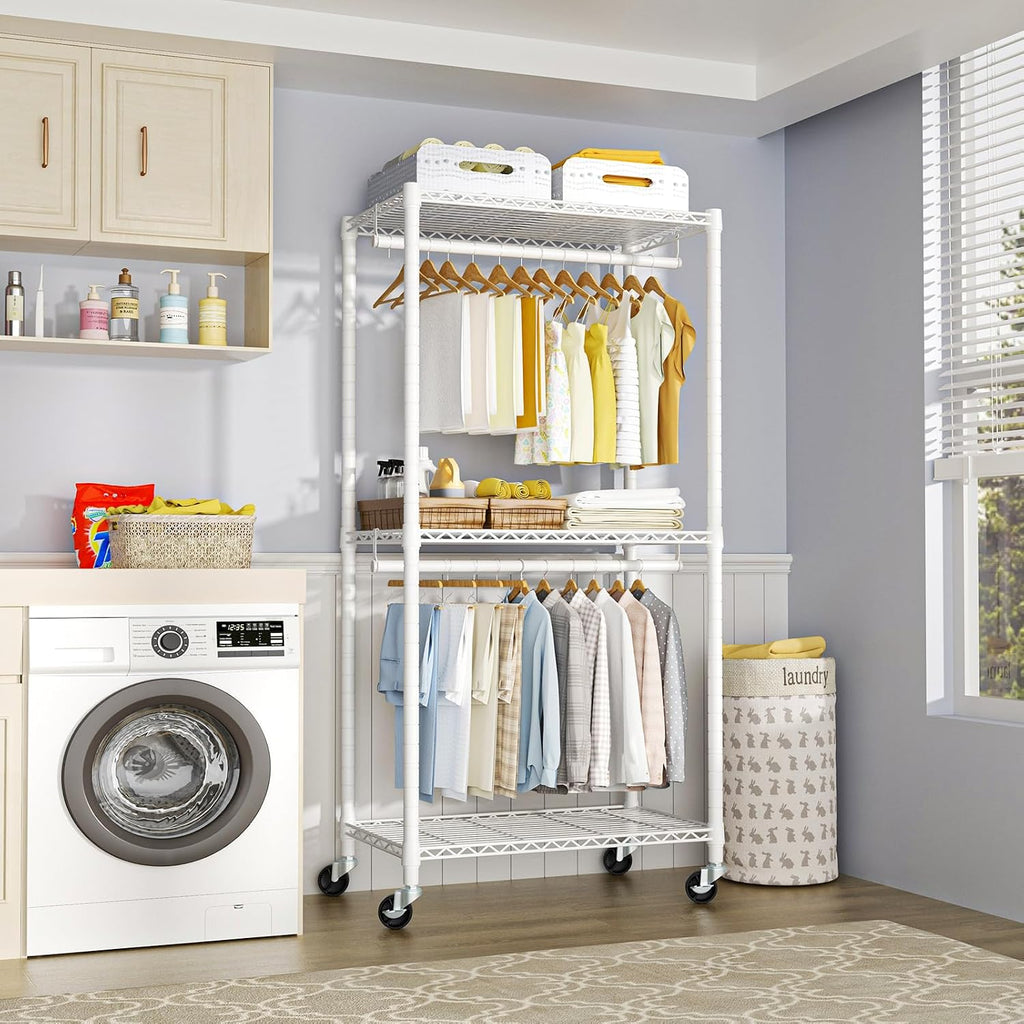 P1 Medium Heavy-Duty Portable Closet, 30" W x 14" D x 76" H, White | Metal Rolling Clothing Rack, Closet System with