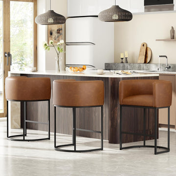 26" H Counter Height Bar Stools Set of 3, Modern Barrel Counter Stools with Backrest and Arms, Faux Leather
