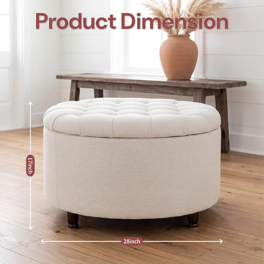 28" Round Storage Ottoman, Tufted Coffee Table,Beige