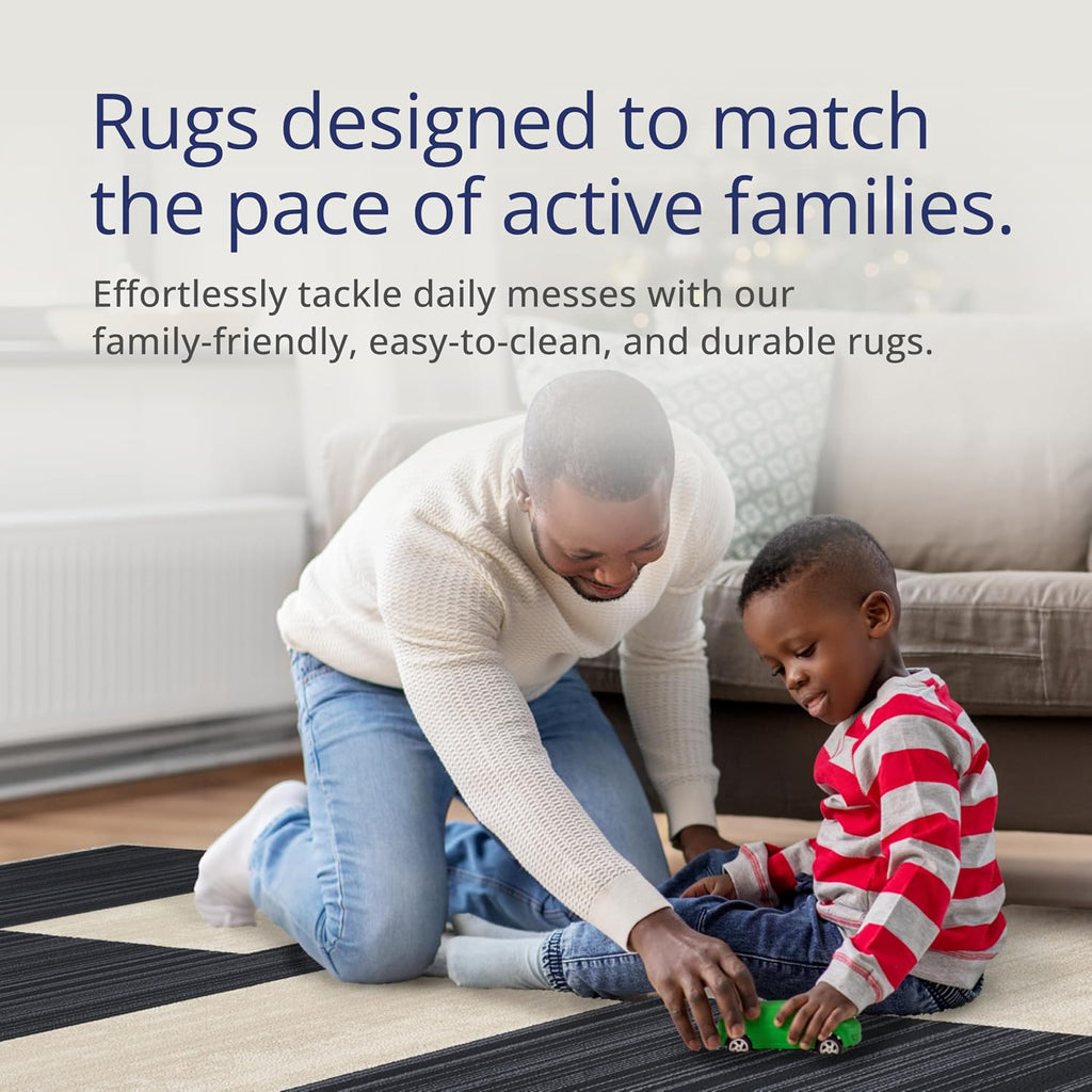 Austin Collection Navy Area Rug - Block Checkered Pattern, Non-Shedding - Easy to Clean, Durable, Dining