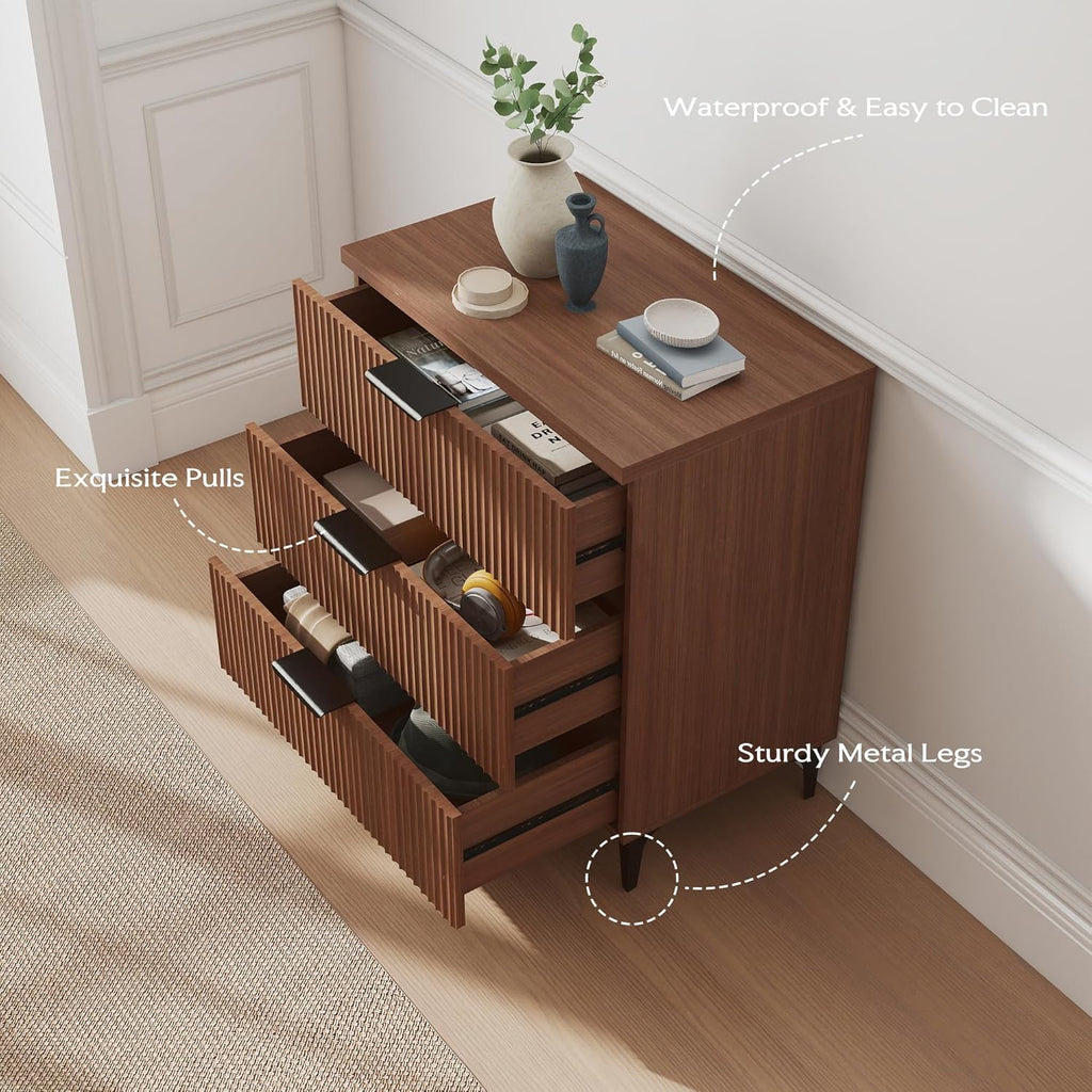 25.6"W Fluted Nightstand with 3 Drawer, Mid-century Modern Wood Night Stands Bedside Table King/Queen Bed, End Table