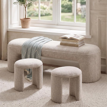 53" Upholstered End of Bed Bench with 2 Nesting Ottoman Stools, Modern Chenille Bedroom Bench for King/Queen Bed