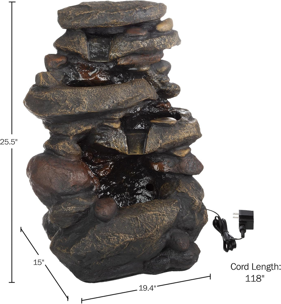 Outdoor Water Fountain - 3-Tier Rock Outdoor Waterfall Fountain with Lights - 25.5” LED Fountain Yard Patio Decor