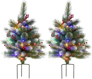 Set of 2 25.6 Inch Pre-lit Outdoor Christmas Tree with LED Lights, 8 Modes & Timer, Battery Operated Christmas Tree