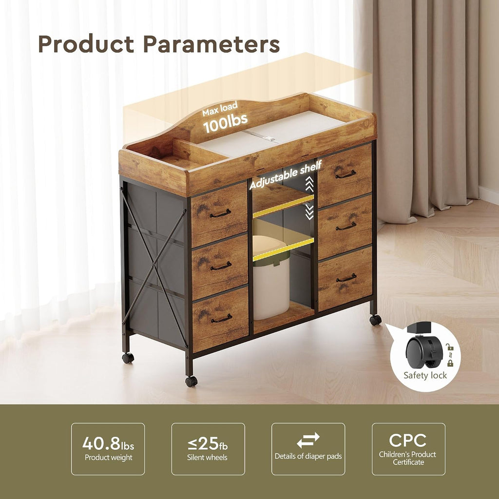 Changing Table, 6-Drawer Dresser, Adjustable Shelves, Rustic Brown | Changing Table,Waterproof Diaper pad & Safety