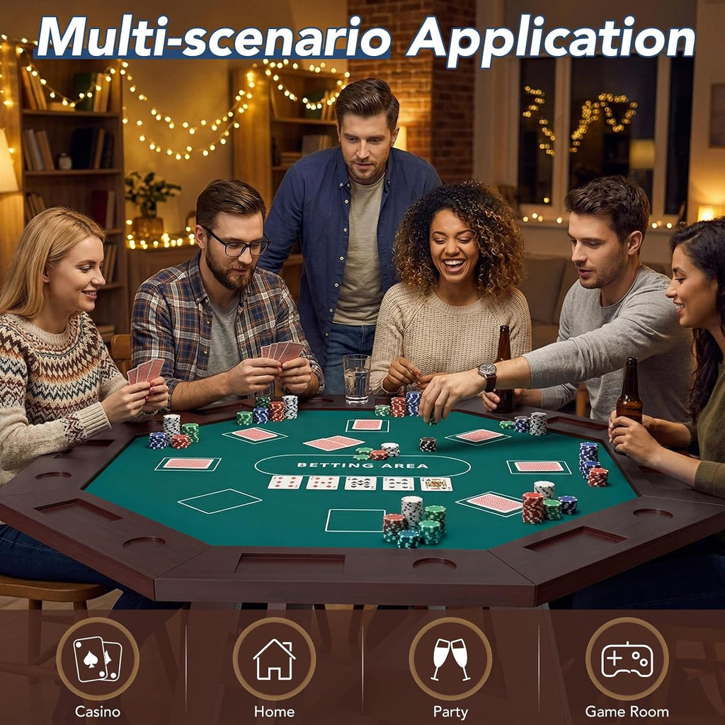 Solid Wood Poker Table, 60 Inch 8-Player Casino Style Game Table with Built-in Cup Holders & Felt Playing