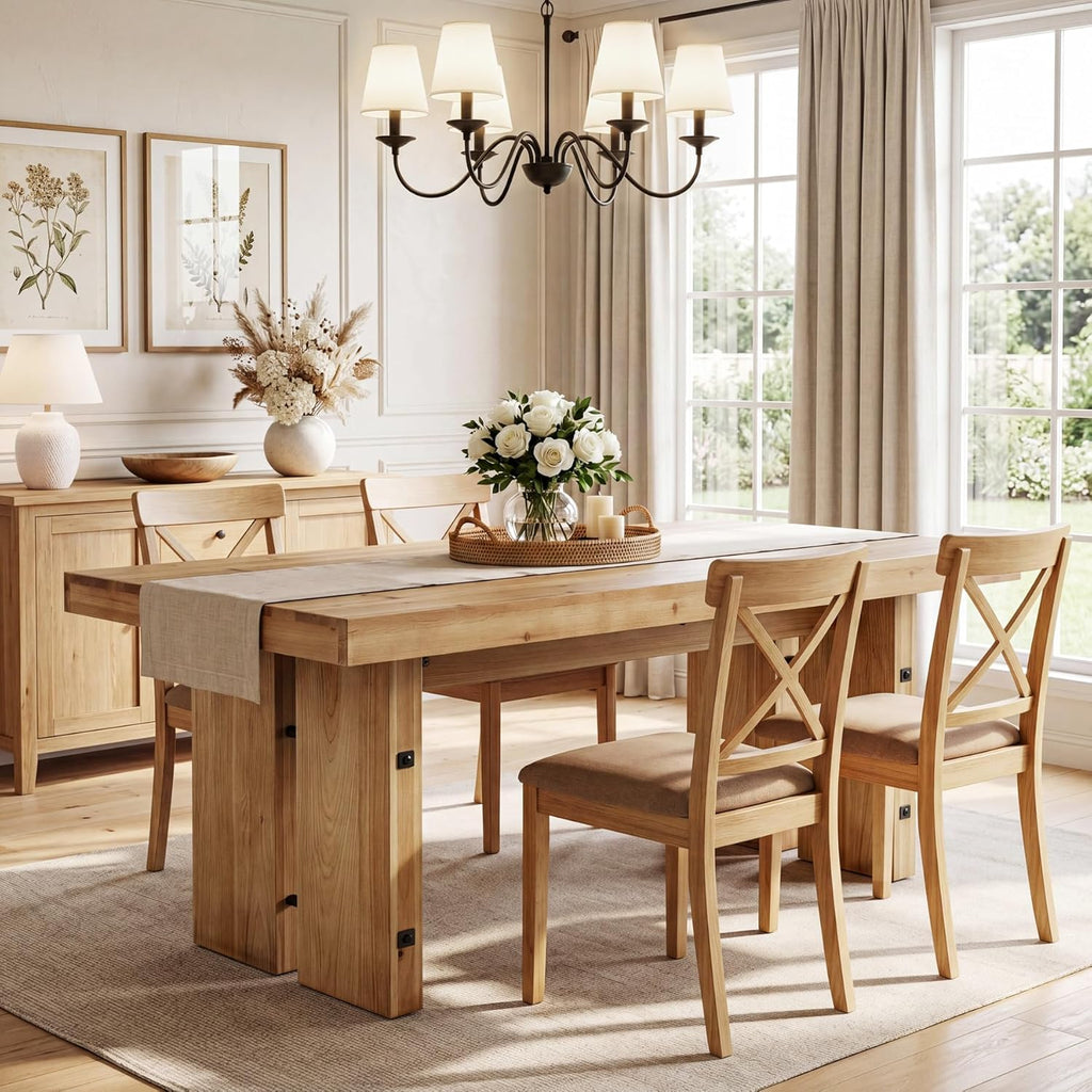 63-Inch Dining Table, Farmhouse Solid Wood Kitchen Table for 6 People, Rectangle Dinner Desks with Pedestal Base for
