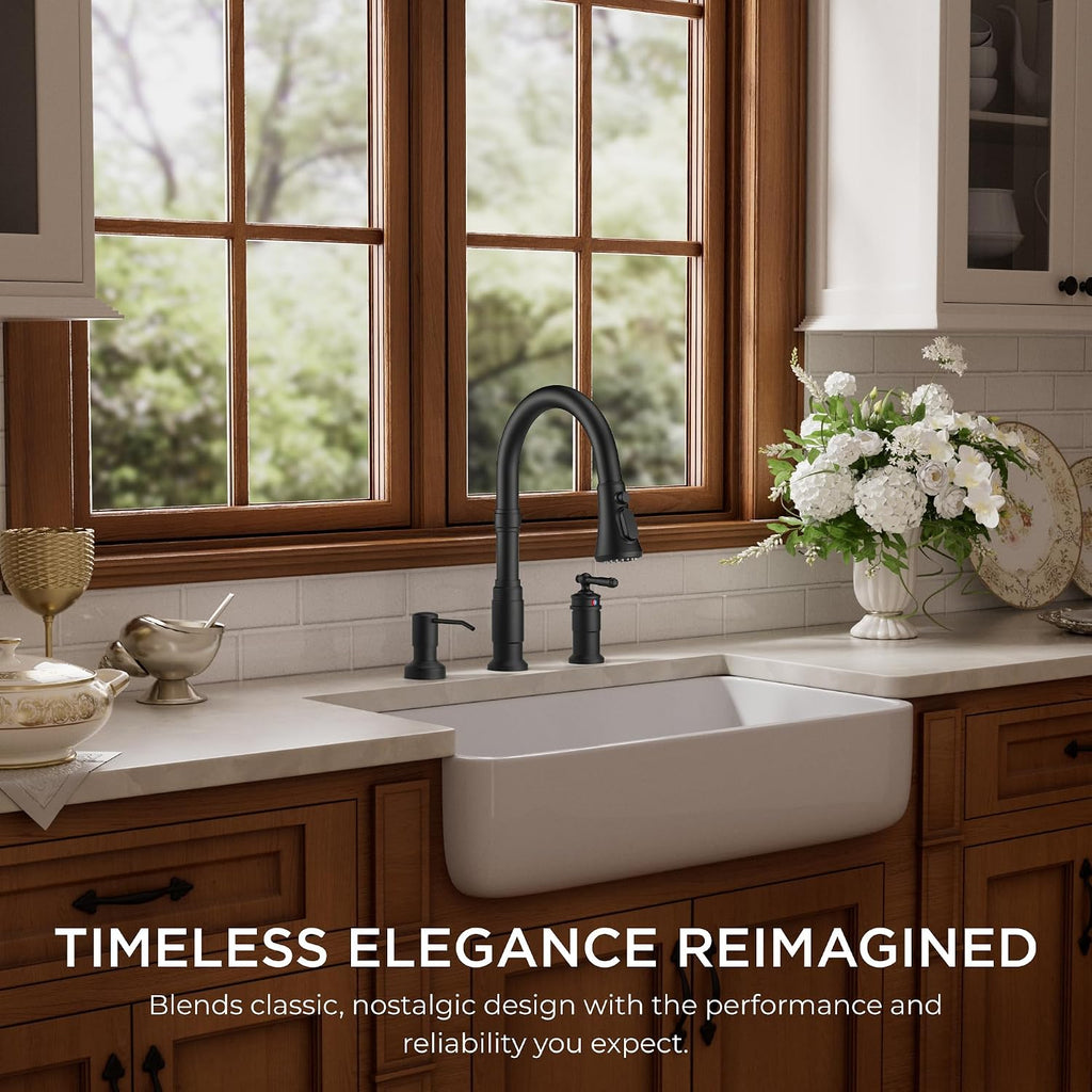 3 Hole Kitchen Faucet with Soap Dispenser, Matte Black
