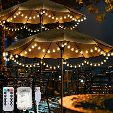 2 Pack 32 Feet Patio Umbrella Lights, 8 Lighting Modes LED String Lights with 64 Pcs Shatterproof Globe
