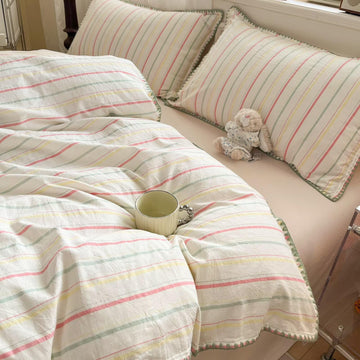 Retro Colorful Striped Duvet Cover Twin XL Farmhouse Washed Cotton Bedding