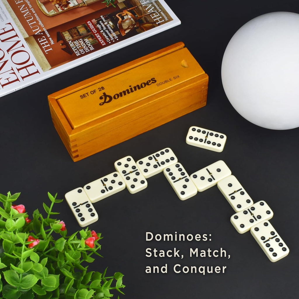 Dominos Set for Adults, Double 6 Dominoes Set with 28 Tiles in Wooden Case, Classic Dominoes, Family Board Game