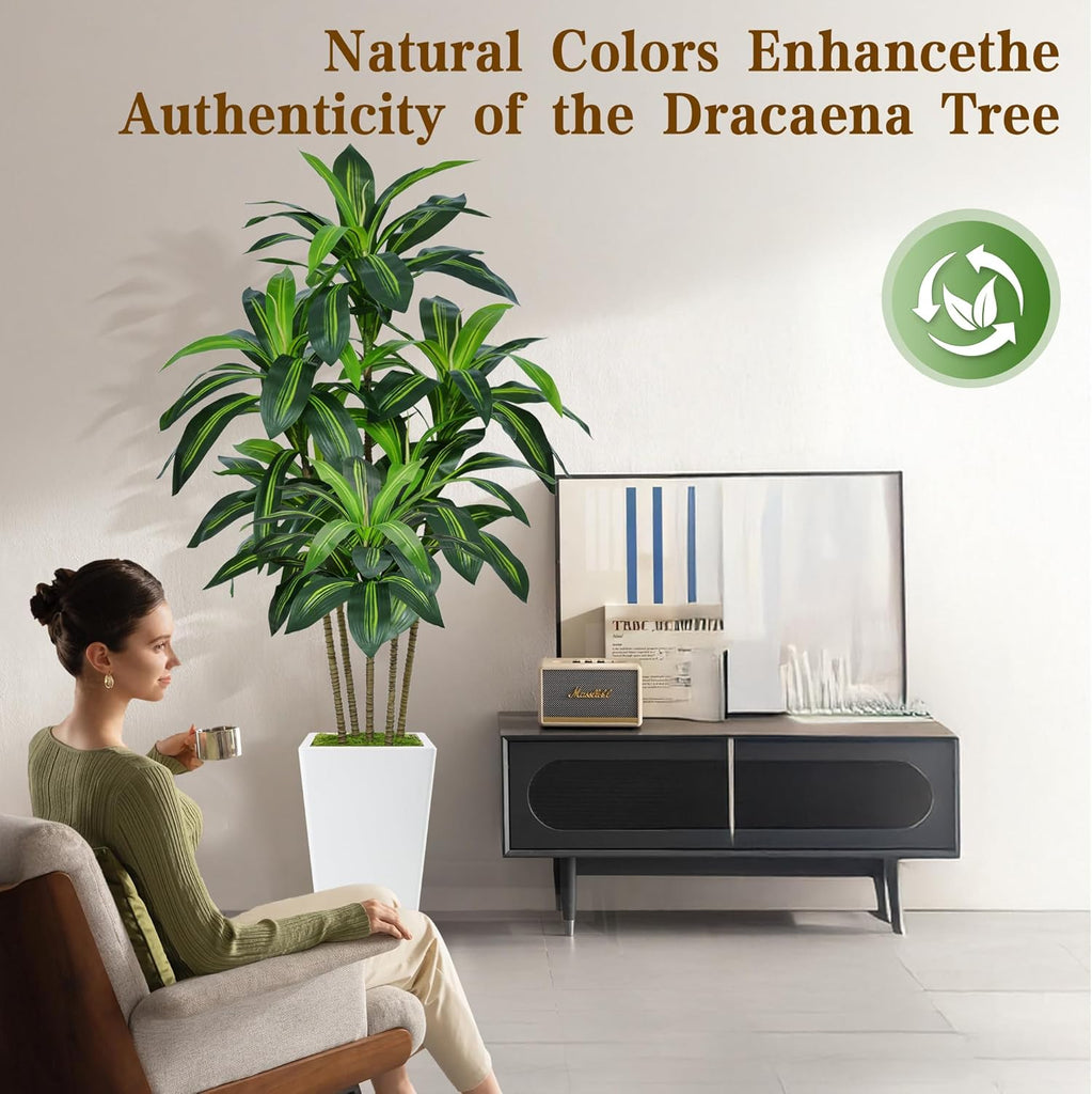 6FT Artificial Dracaena Tree, Fake Tree Indoor with White Tall Planter,Tall Artificial Plants Indoor,Artificial Silk