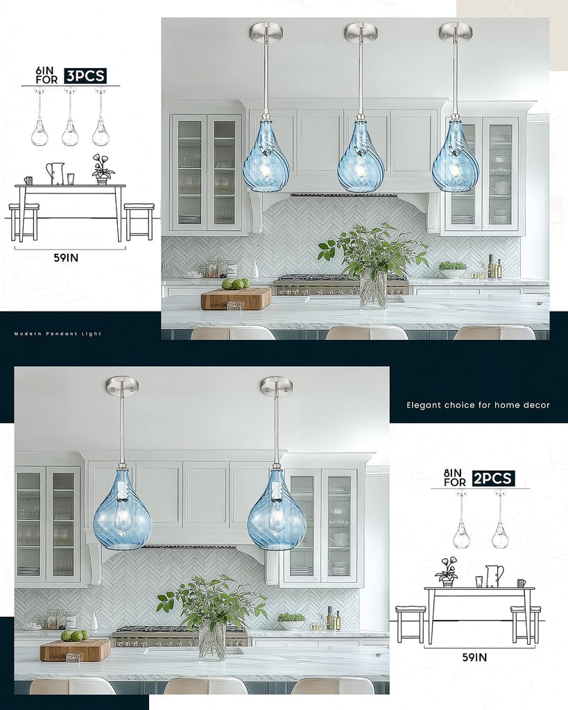 2 Pack Kitchen Pendant Lighting Over Island 6 Inch,Hanging Pendants Light,Brushed Gold Finished Striped Glass Pendant