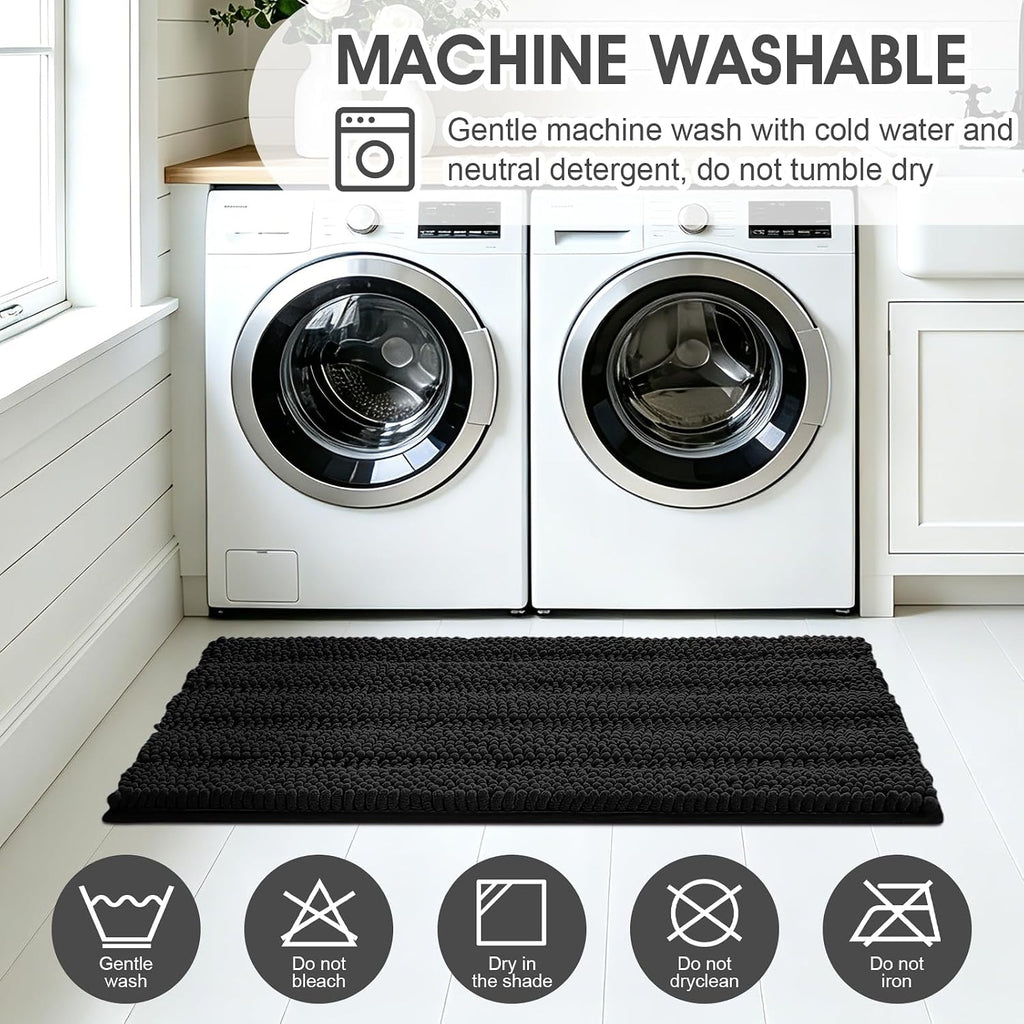 Striped Black Bathroom Rug Set 3 Pieces Ultra Soft, Non Slip Chenille Toilet Mat, Absorbent Plush Shaggy Bath Mats