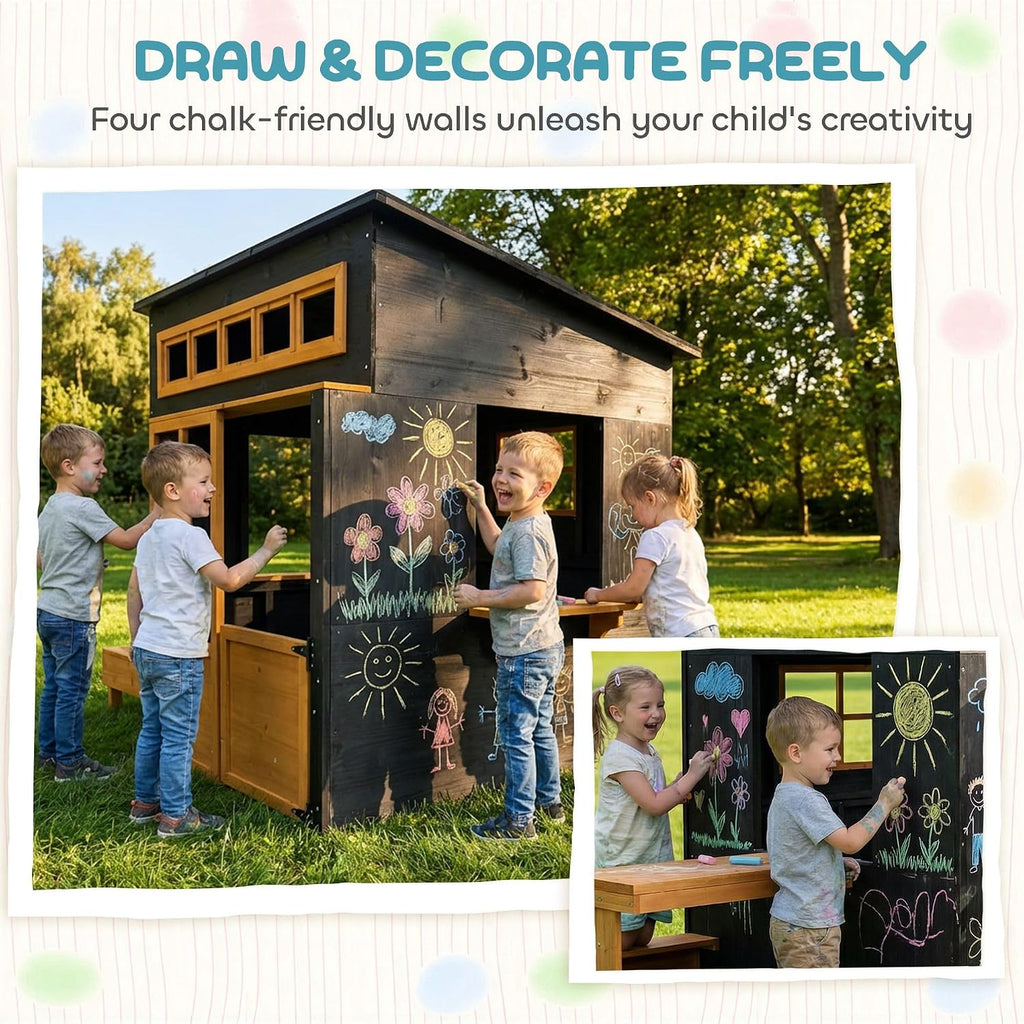 Fir Wood Outdoor Playhouse for 3-8: Chalkboard Walls, Built-in Picnic Table & Benches, 110lb Capacity