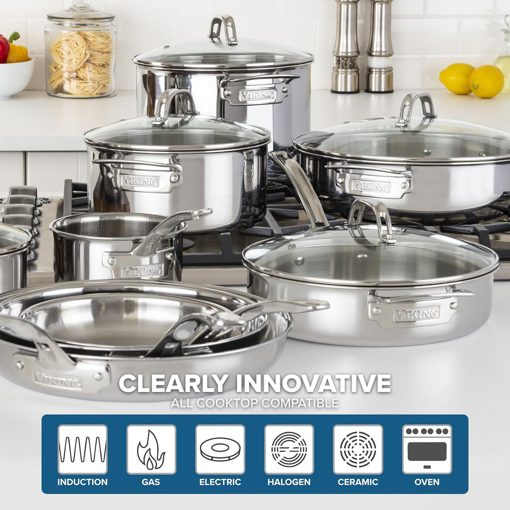 3-Ply Pots and Pans Set, 17 Piece Stainless Steel Cookware Glass Lids, Steamer Insert, Silver